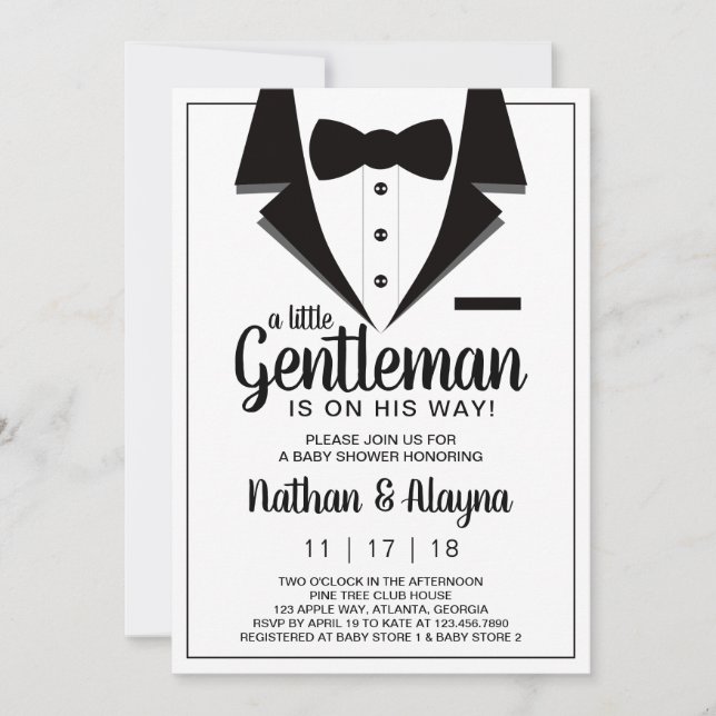 Invitación Baby Shower de pequeño caballero, Tuxed (Anverso)