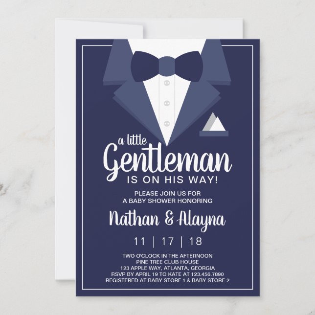 Invitación Baby Shower de pequeño caballero, Tuxed (Anverso)