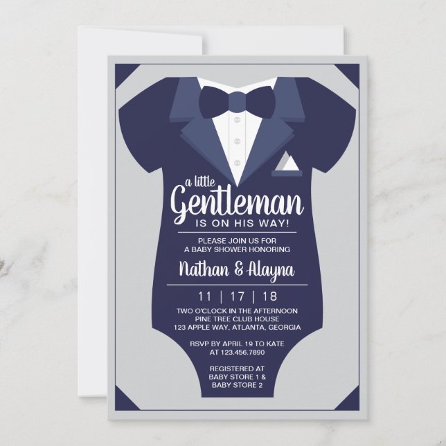 Invitación Baby Shower de pequeño caballero, Tuxed (Anverso)