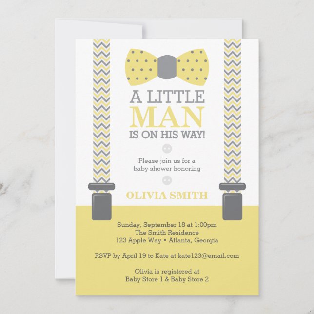 Invitación Baby Shower de pequeño hombre, amarillo (Anverso)