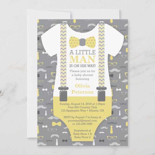Invitación Baby Shower de pequeño hombre, amarillo (Anverso)