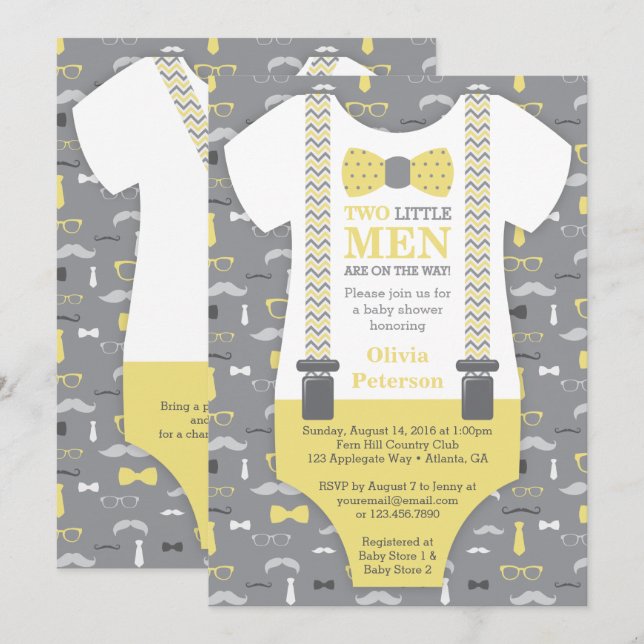 Invitación Baby Shower de pequeños hombres gemelos (Anverso / Reverso)
