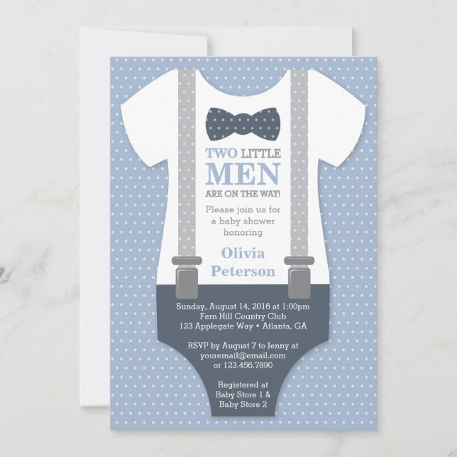 Invitación Baby Shower de pequeños hombres gemelos (Anverso)