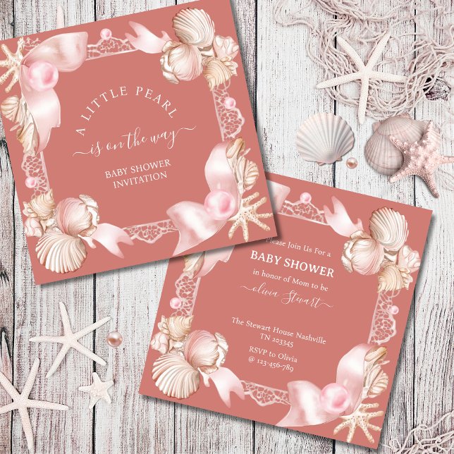 Invitación Baby Shower de perla rosa de la moda costera (Subido por el creador)