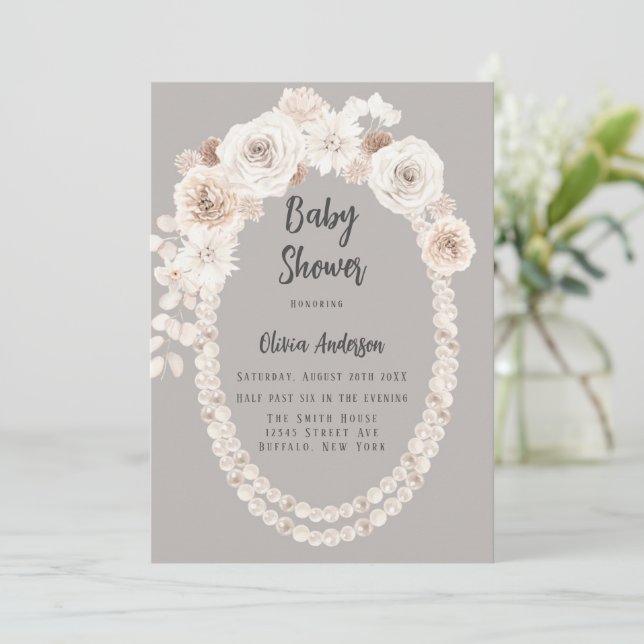 Invitación Baby Shower de Perlas Beige y Blancas y Florales (Anverso de pie)