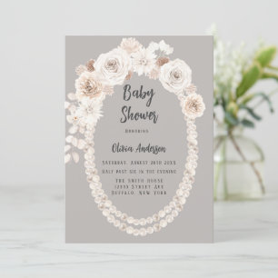 Invitación Baby Shower de Perlas Beige y Blancas y Florales