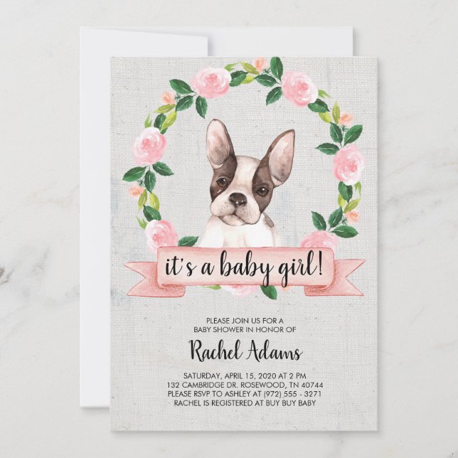 Invitación Baby Shower de Perro Bull Francés Floral Rosa (Anverso)