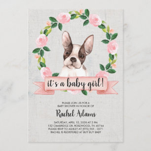 Invitación Baby Shower de Perro Bull Francés Floral Rosa