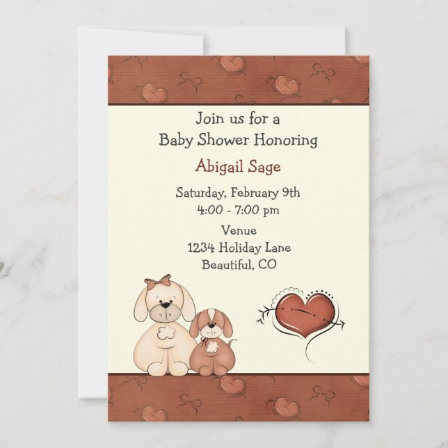 Invitación Baby Shower de perros y corazones para  (Anverso)