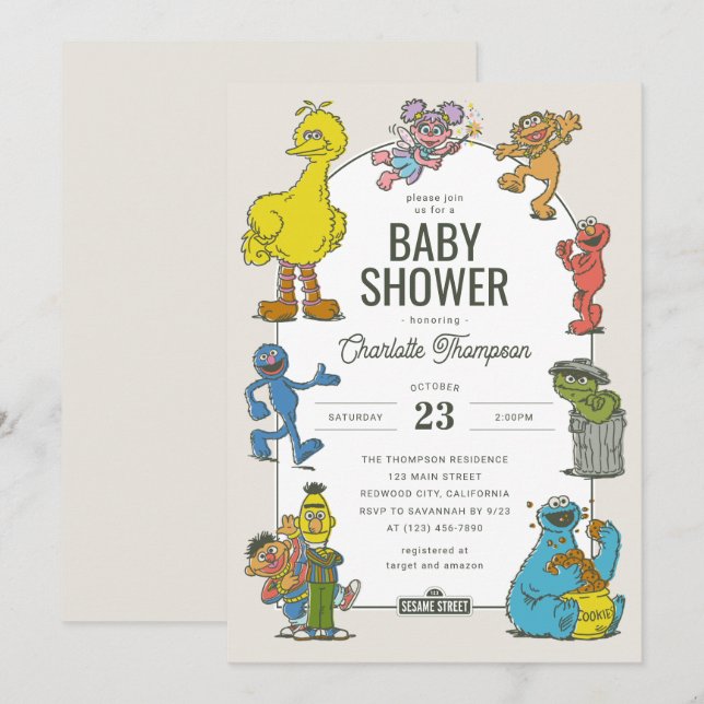 Invitación Baby Shower de personajes antiguos de Plaza Sésamo (Anverso / Reverso)