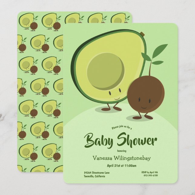 Invitación Baby Shower de personajes de aguacate y caricatura (Anverso / Reverso)