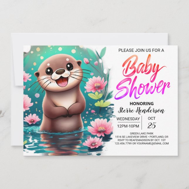 Invitación Baby Shower de Personalizado Otter Watercolor (Anverso)