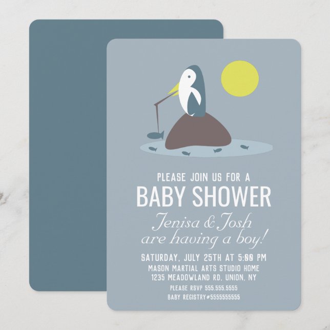 Invitación Baby Shower de pesca de pingüino más grande (Anverso / Reverso)