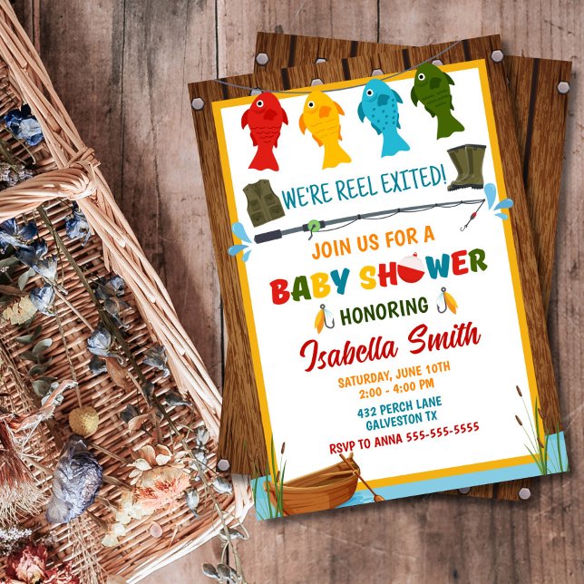 Invitación Baby Shower de pesca editable (Rustic & colorful fishing baby shower invite – perfect for new parents, any gender!)