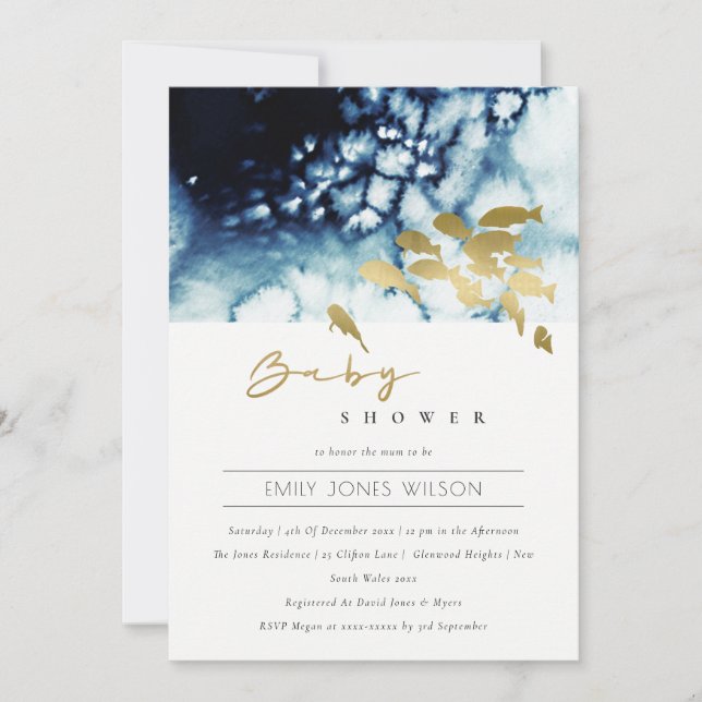 INVITACIÓN BABY SHOWER DE PESCADO DE ORO NAVY BAJO (Anverso)