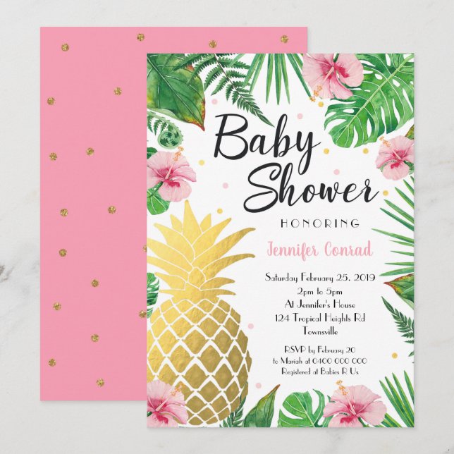 Invitación Baby Shower de piña dorada, tropical (Anverso / Reverso)