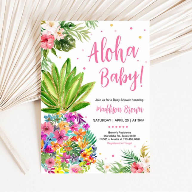 Invitación Baby Shower de piña tropical floral (Aloha Pineapple Baby Shower Invitation)