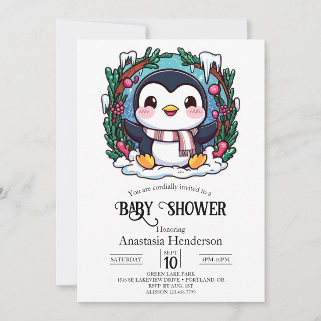 Invitación Baby Shower de Pingüino Cute Encantado (Anverso)