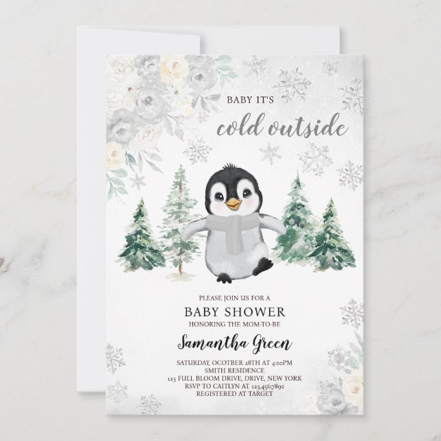 Invitación Baby Shower de Pingüino de Plata Neutral de Género (Anverso)