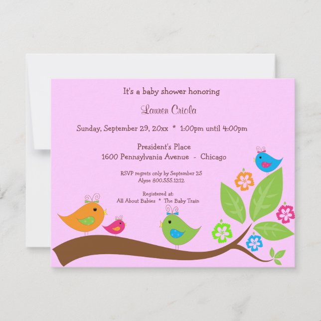 Invitación Baby Shower De Pink 4 Birdies Y Flores (Anverso)
