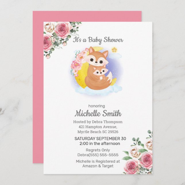Invitación Baby Shower de Pink Floral Fox Mom (Anverso / Reverso)