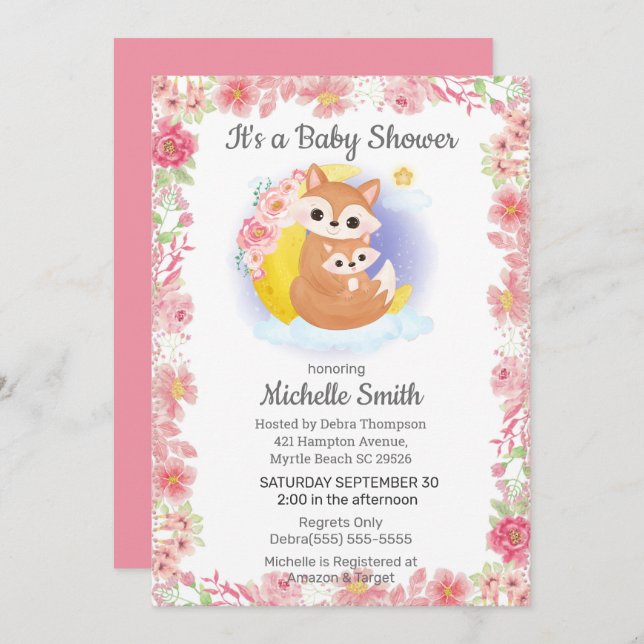 Invitación Baby Shower de Pink Floral Fox Mom (Anverso / Reverso)