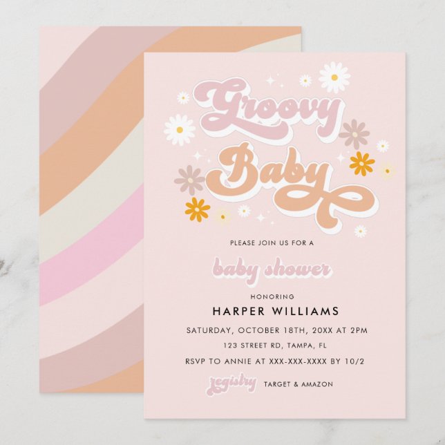 Invitación Baby Shower de Pink Retro Groovy (Anverso / Reverso)