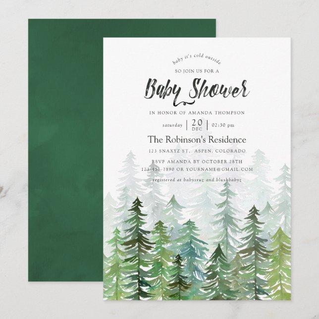 Invitación Baby Shower de pinos acuarelas (Anverso / Reverso)