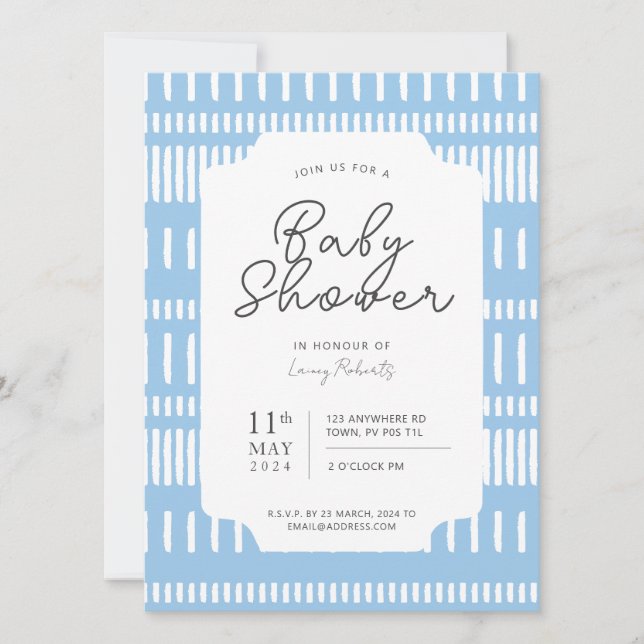 Invitación Baby Shower de pinturas a rayas azules y blancas (Anverso)