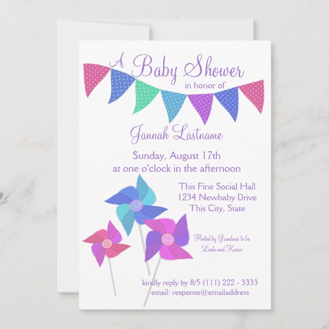 Invitación Baby Shower de pinUCES y polka Dot Pennants (Anverso)