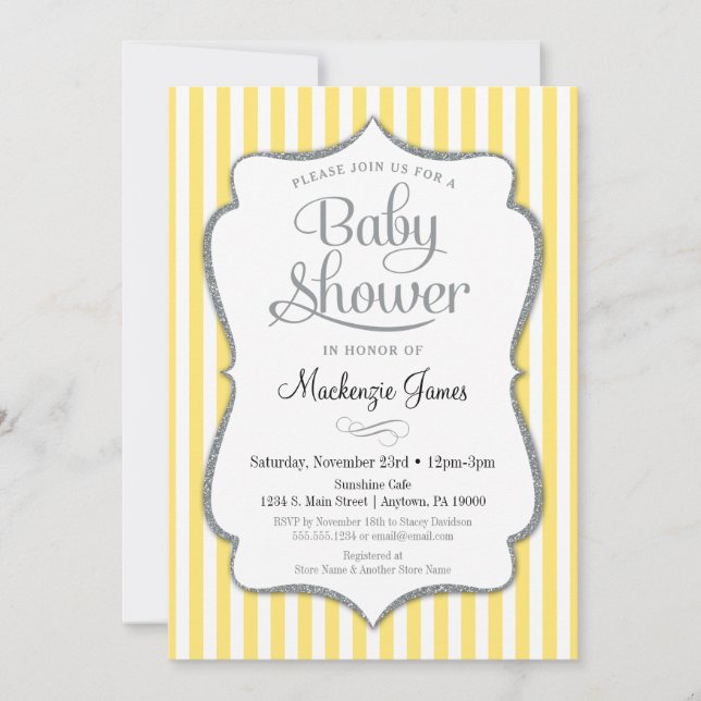 Invitación Baby Shower de plata amarilla gris neut (Anverso)