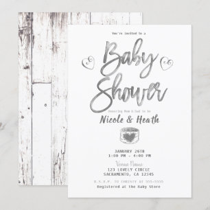 Invitación Baby Shower de plata de madera blanca rusa