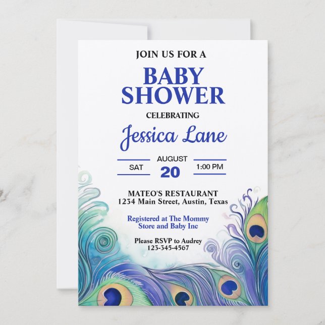 Invitación Baby Shower de plumas de pavo real azul y verde pa (Anverso)