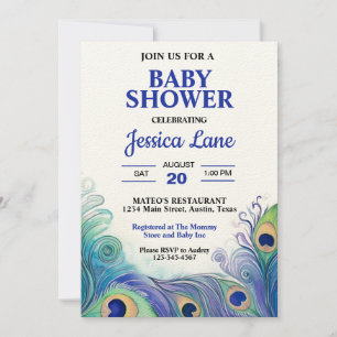 Invitación Baby Shower de plumas de pavo real azul y verde pa