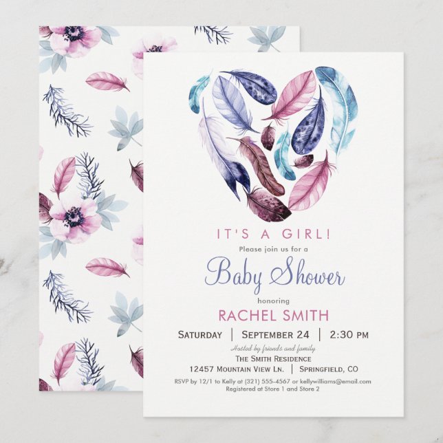 Invitación Baby Shower de plumas rosadas y moradas (Anverso / Reverso)