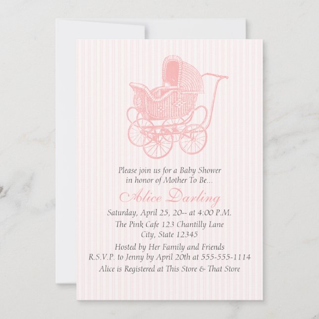 Invitación Baby Shower de portador de bebé rosa vintage (Anverso)