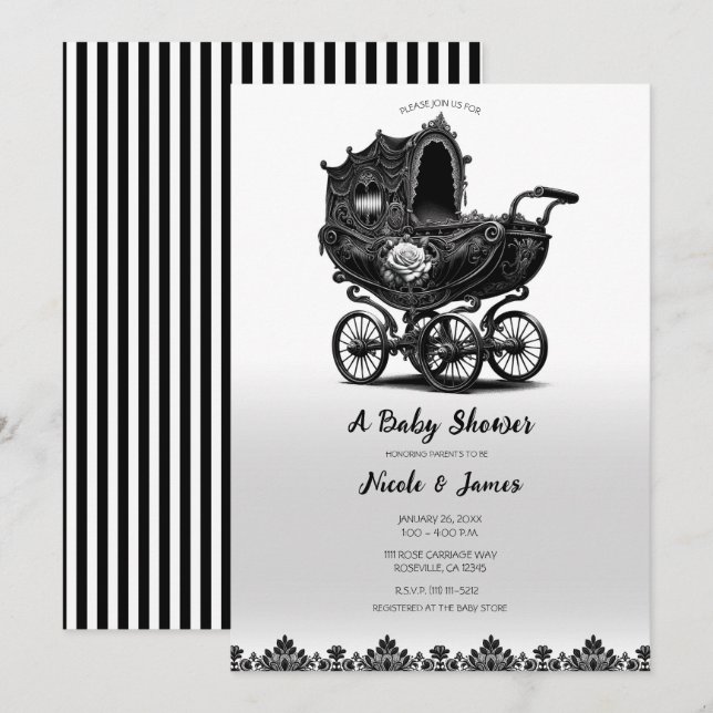 Invitación Baby Shower de portaequipajes de Pram gótico negro (Anverso / Reverso)
