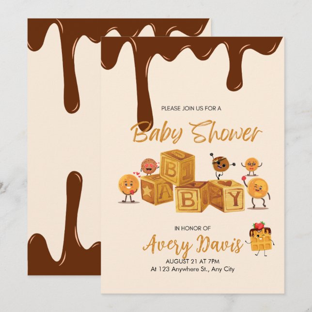Invitación Baby Shower de postre de chocolate marrón y miel (Anverso / Reverso)