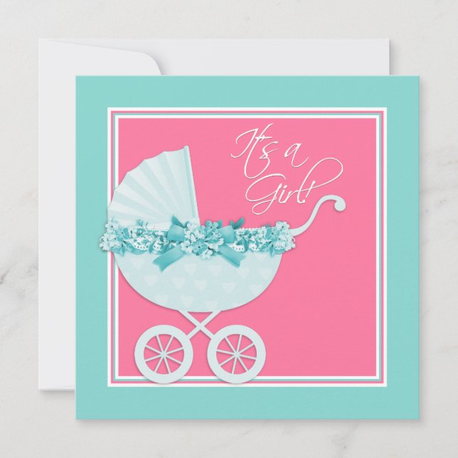 Invitación Baby Shower de Pram Azul rosa y Verde azulado (Anverso)