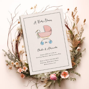 Invitación Baby Shower de Pram rosa y Azul sencillo y dulce