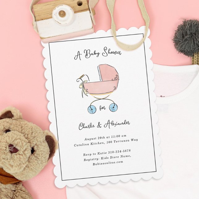 Invitación Baby Shower de Pram rosa y Azul sencillo y dulce (Subido por el creador)