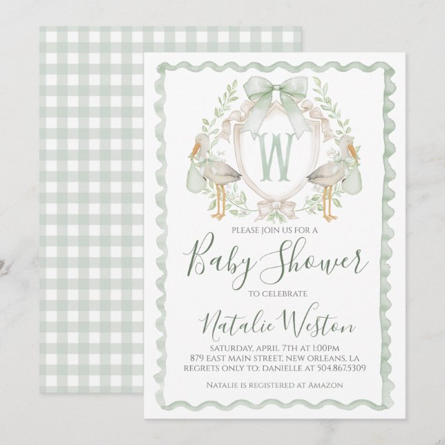 Invitación Baby Shower de Preppy Sage Green Stork Boy (Anverso / Reverso)
