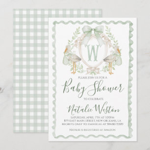 Invitación Baby Shower de Preppy Sage Green Stork Boy