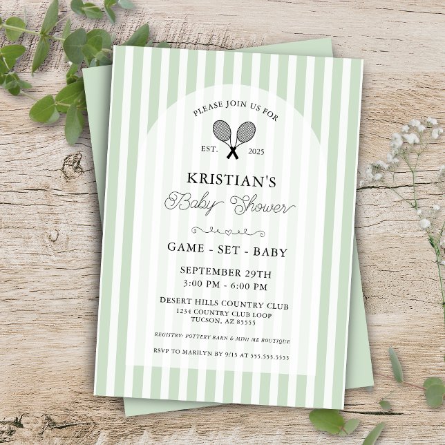 Invitación Baby Shower de Preppy Soft Green Tennis Country Cl (Mint green tennis theme game set match baby shower invitation for preppy country club stripes event)