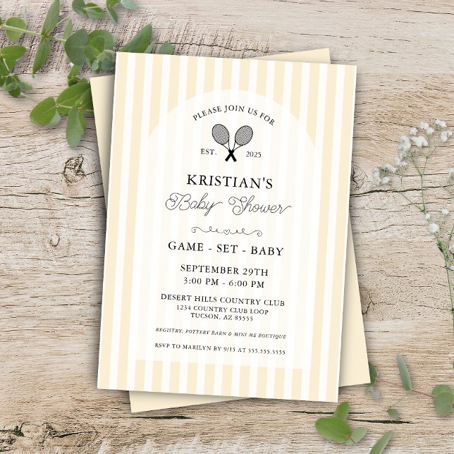 Invitación Baby Shower de Preppy Yellow Tennis Country Club (Elegant butter yellow tennis theme baby shower invitations for preppy gender neutral couples shower)