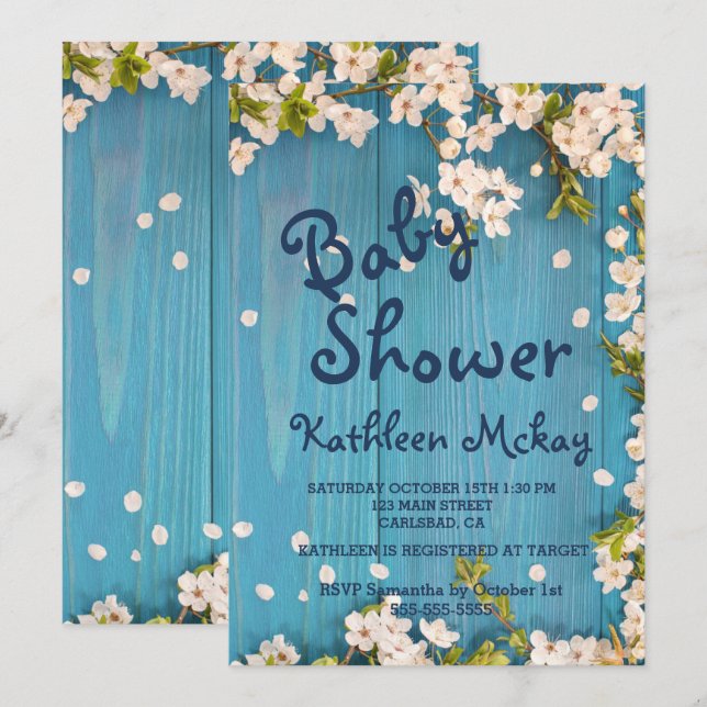 Invitación Baby Shower de primavera de cerezo de leña azul rú (Anverso / Reverso)