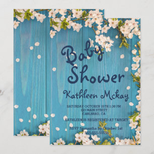 Invitación Baby Shower de primavera de cerezo de leña azul rú