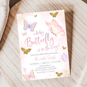 Invitación Baby Shower de primavera de mariposa dorada rosada