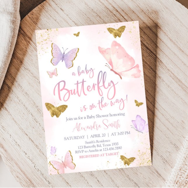 Invitación Baby Shower de primavera de mariposa dorada rosada (Purple Gold Butterfly Baby Shower Invitation)