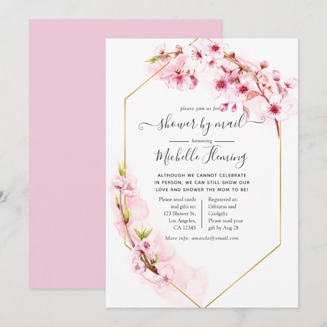 Invitación Baby Shower de primavera floral rosada geométrica  (Anverso / Reverso)